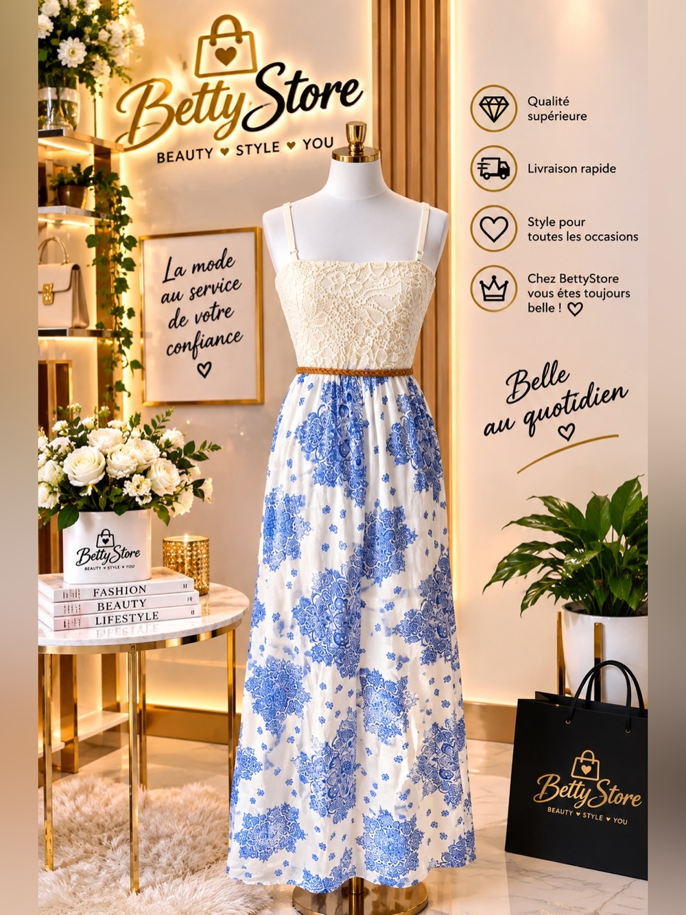 AUW Cream Lace Top with Blue Floral Maxi Skirt